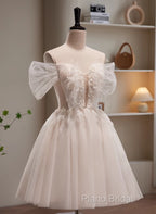 Cute Ivory Beaded Off Shoulder Short Party Dresses, Tulle Graduation Dresses Formal Dresses