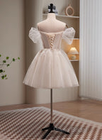 Cute Ivory Beaded Off Shoulder Short Party Dresses, Tulle Graduation Dresses Formal Dresses