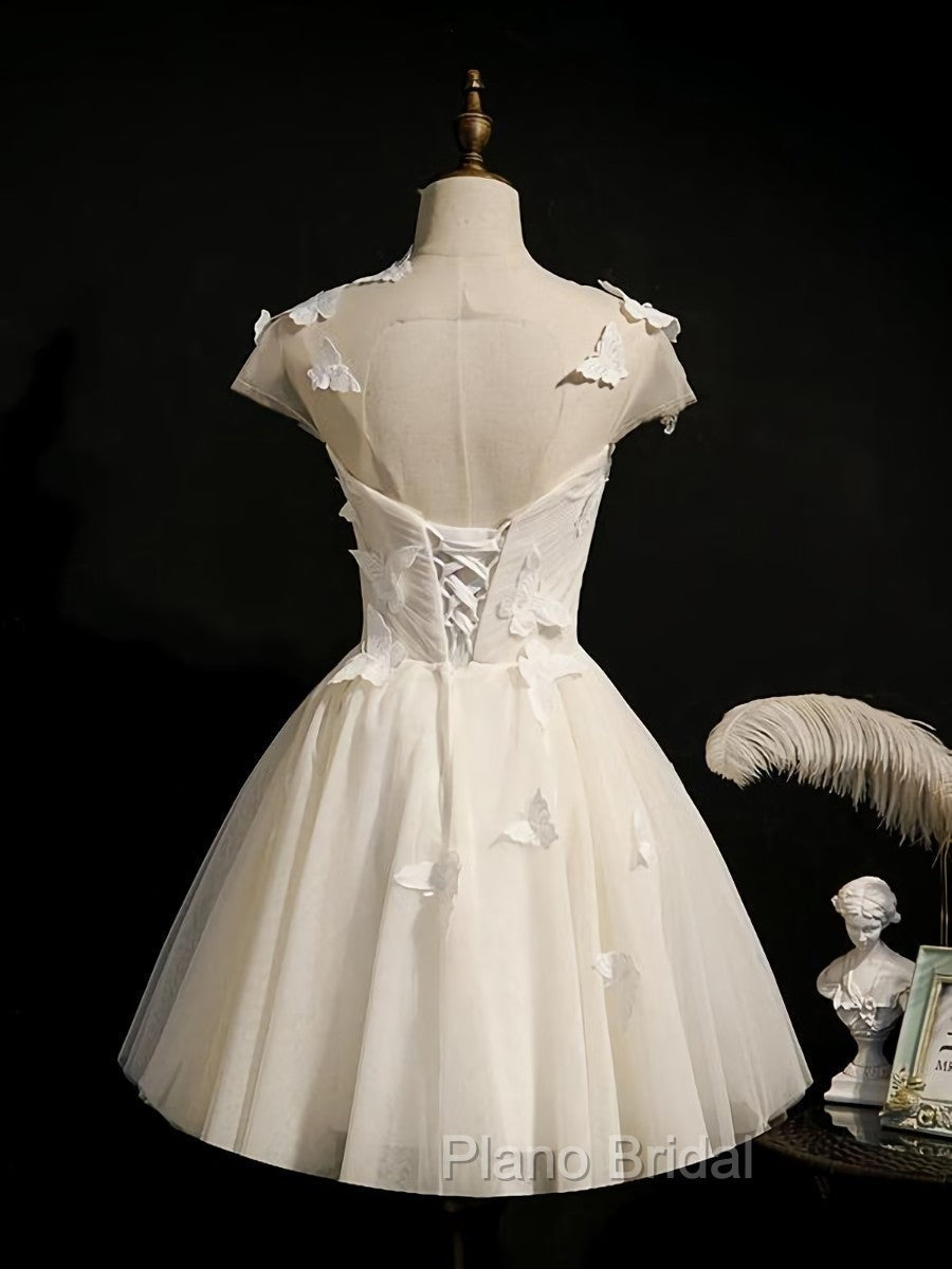 Cute Ivory Tulle Cap Sleeves Cute Homecoming Dresses Graduation Dresses, Short Formal Prom Dresses