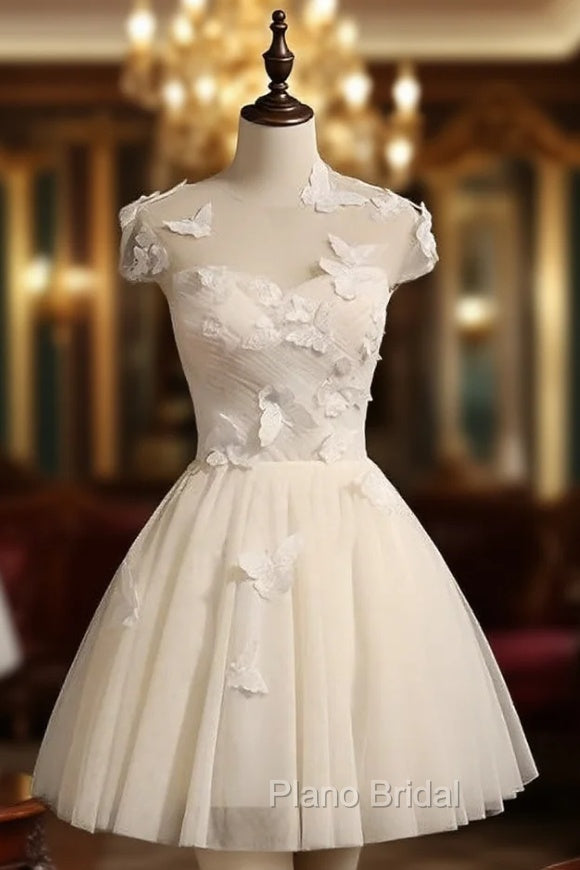 Cute Ivory Tulle Cap Sleeves Cute Homecoming Dresses Graduation Dresses, Short Formal Prom Dresses Main image