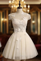 Cute Ivory Tulle Cap Sleeves Cute Homecoming Dresses Graduation Dresses, Short Formal Prom Dresses