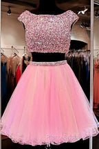 Cute Jewel Two Pieces Beading Pink Homecoming Dresses