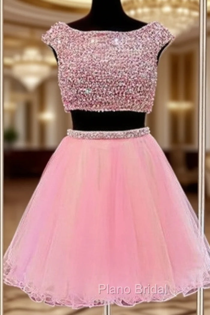 Cute Jewel Two Pieces Beading Pink Homecoming Dresses