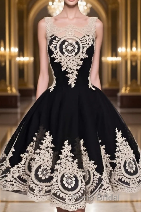 Cute Lace Applique Black Short Formal Prom Dresses, Lace Applique Homecoming Dresses Main image