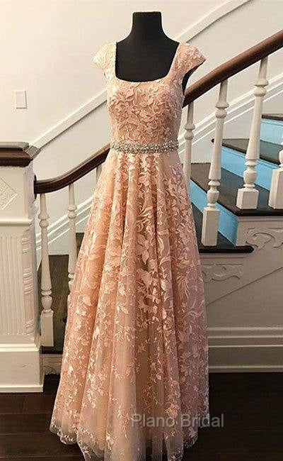 Cute Lace Champagne Formal Prom Dresses, Lace Evening Dresses