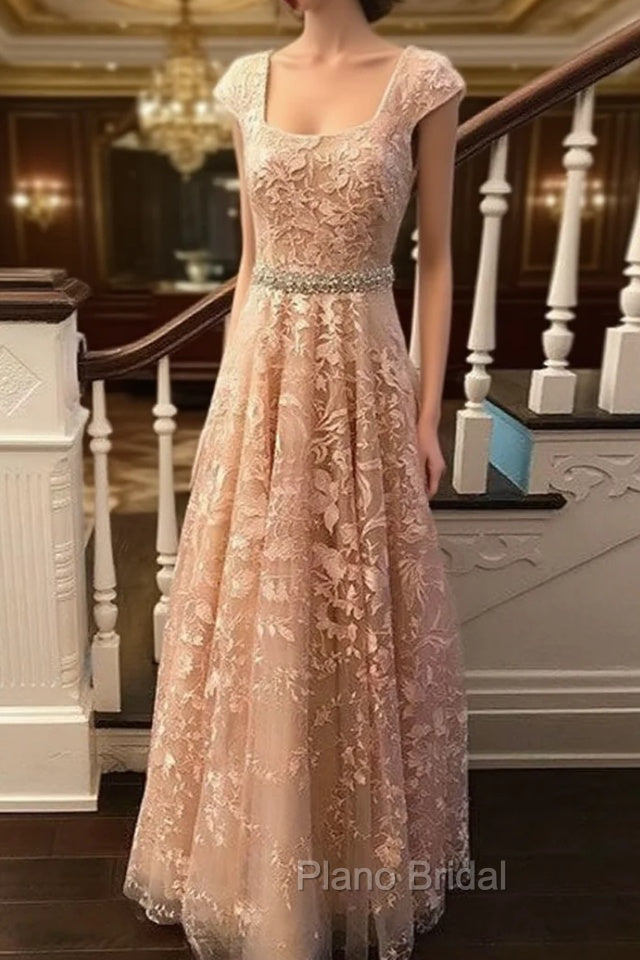 Cute Lace Champagne Formal Prom Dresses, Lace Evening Dresses Main image