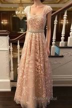 Cute Lace Champagne Formal Prom Dresses, Lace Evening Dresses