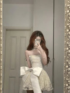 Cute Lace Pearl Bow Strapless A-Line Mini 17Th Birthday Homecoming Dresses