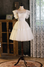 Cute Lace Short A-Line Formal Prom Dresses, Champagne Mini Homecoming Party Dresses