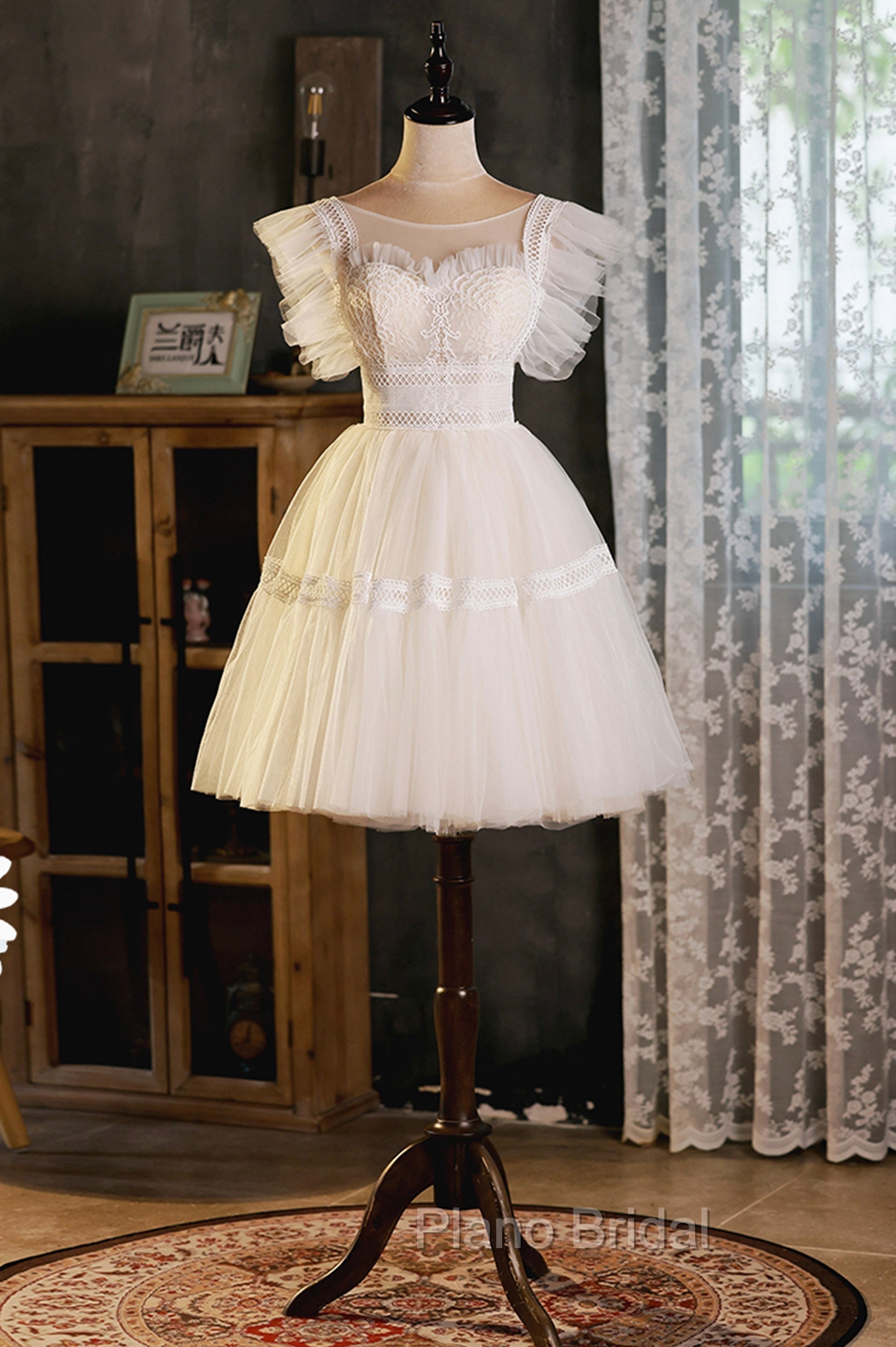 Cute Lace Short A-Line Formal Prom Dresses, Champagne Mini Homecoming Party Dresses