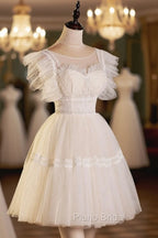 Cute Lace Short A-Line Formal Prom Dresses, Champagne Mini Homecoming Party Dresses