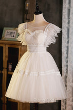 Cute Lace Short A-Line Formal Prom Dresses, Champagne Mini Homecoming Party Dresses