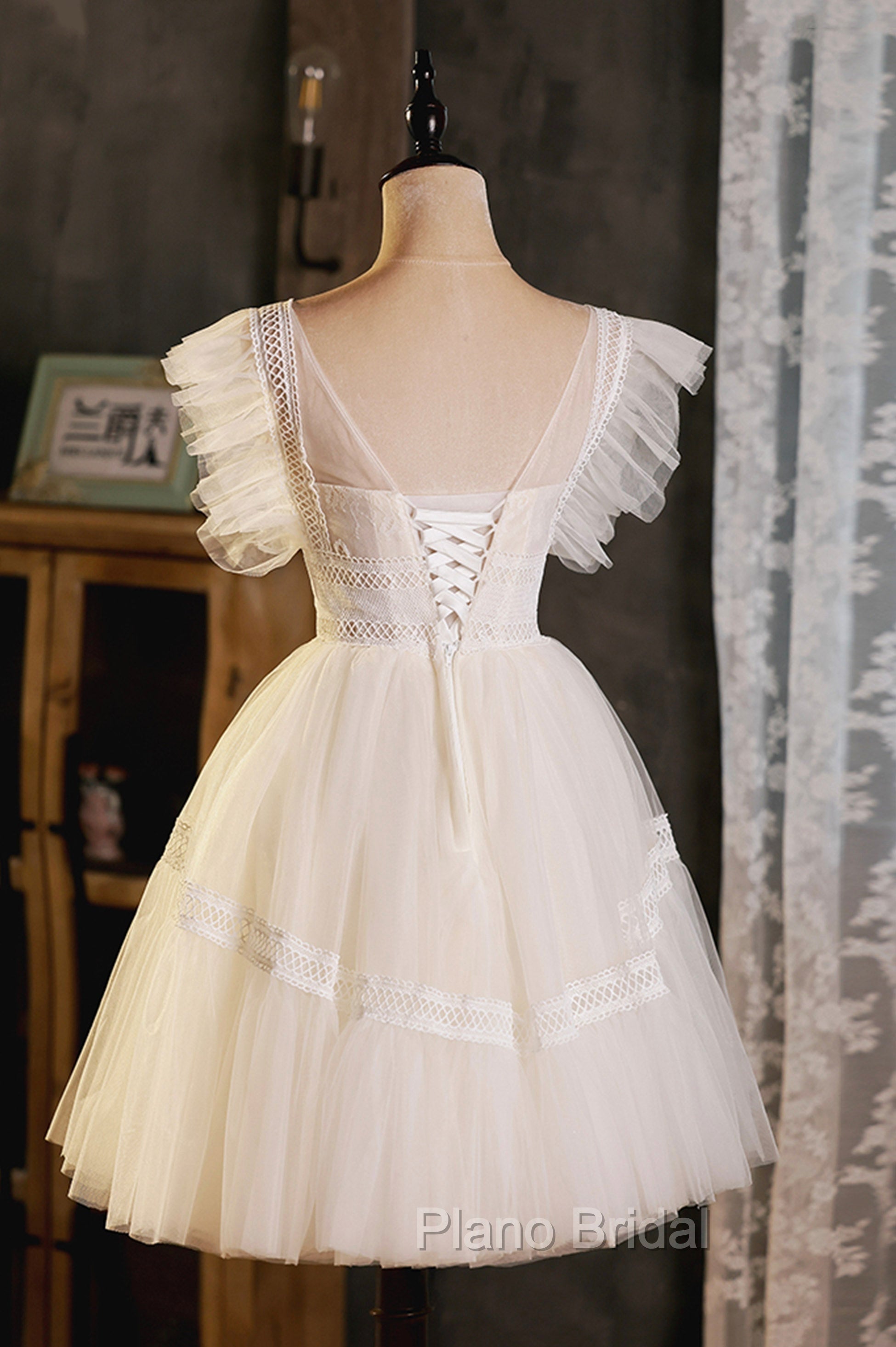 Cute Lace Short A-Line Formal Prom Dresses, Champagne Mini Homecoming Party Dresses