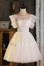 Cute Lace Short A-Line Formal Prom Dresses, Champagne Mini Homecoming Party Dresses