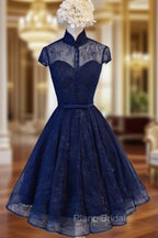 Cute Lace Short Cap Sleeves Homecoming Dresses, Red Short Party Dresses