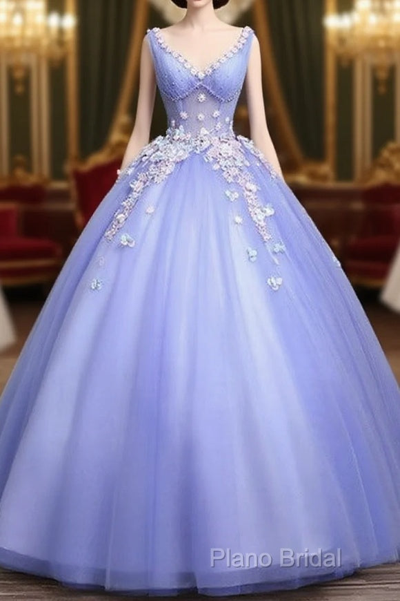 Cute Lavender Tulle Ball Gown V-Neckline Sweet 16 Dresses, Light Purple Formal Dresses Main image