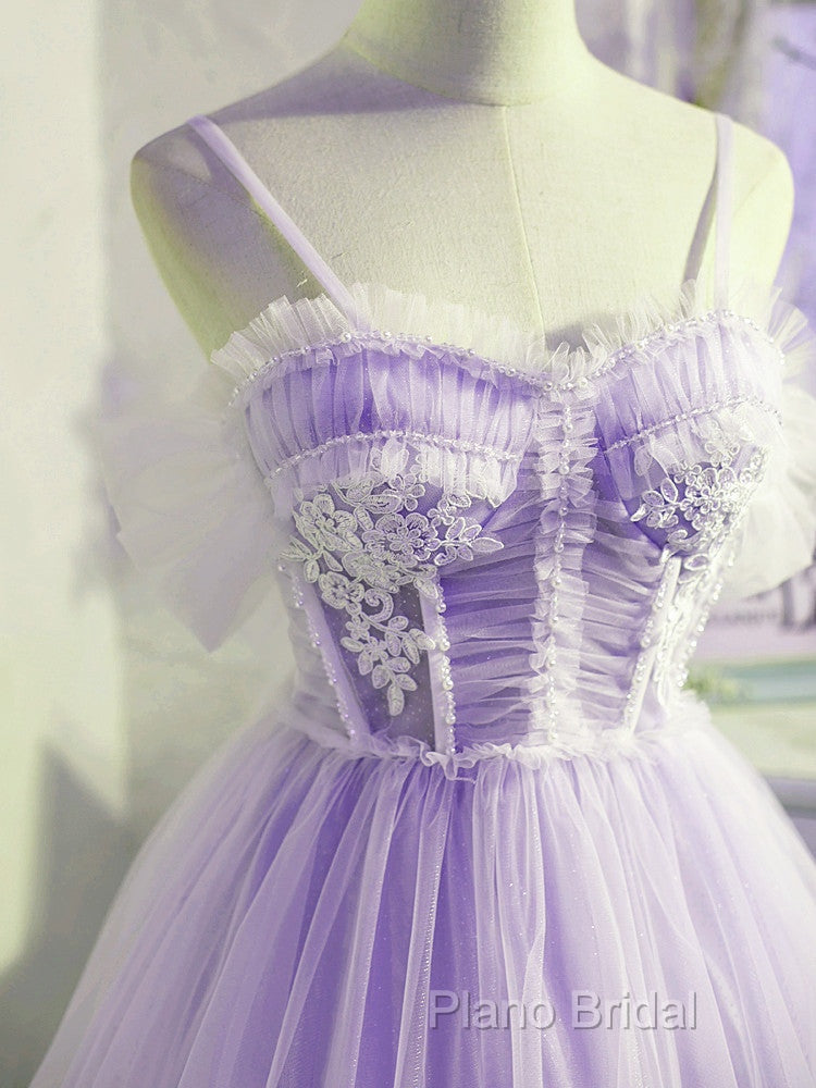 Cute Lavender Tulle Short Straps Homecoming Dressess, Tulle Sweetheart Formal Prom Dresses