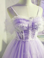 Cute Lavender Tulle Short Straps Homecoming Dressess, Tulle Sweetheart Formal Prom Dresses