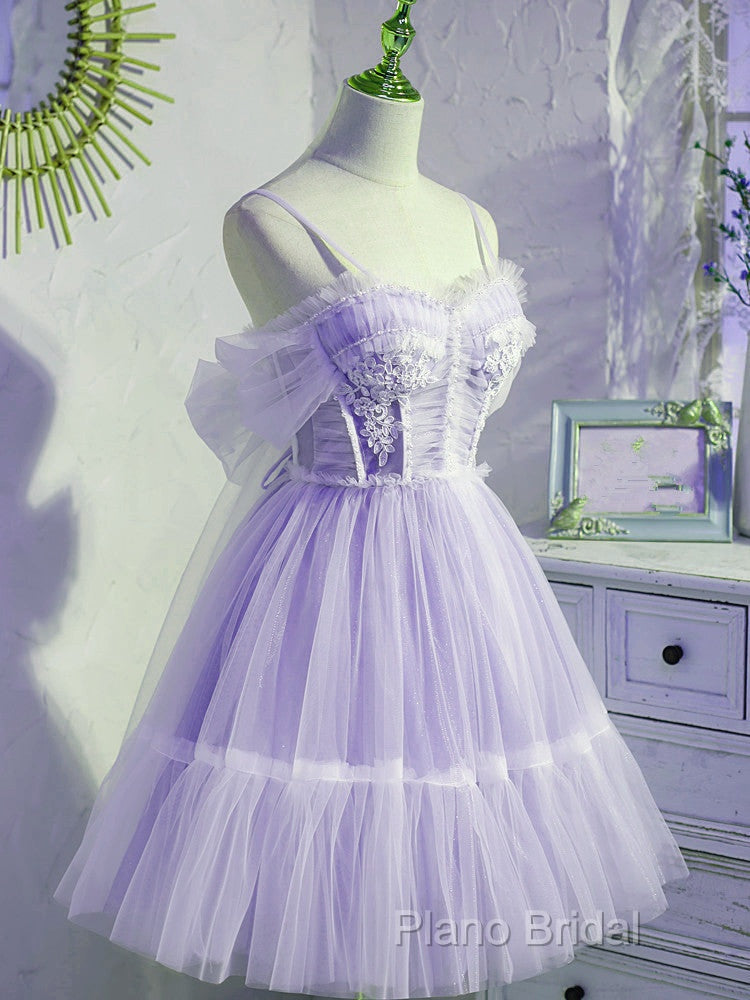 Cute Lavender Tulle Short Straps Homecoming Dressess, Tulle Sweetheart Formal Prom Dresses