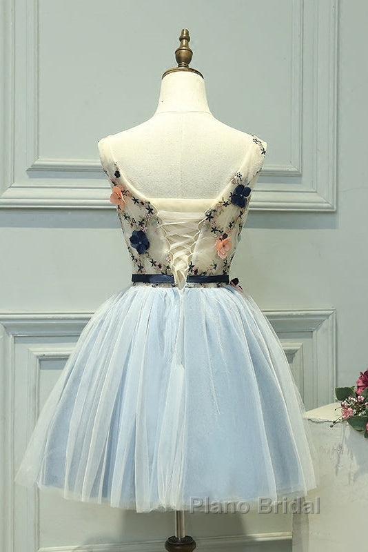 Cute Light Blue Short Tulle Homecoming Dresses, Blue Formal Prom Dresses