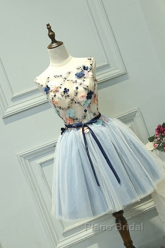 Cute Light Blue Short Tulle Homecoming Dresses, Blue Formal Prom Dresses