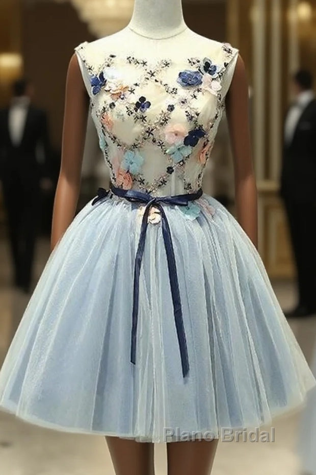 Cute Light Blue Short Tulle Homecoming Dresses, Blue Formal Prom Dresses Main image
