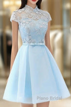 Cute Light Blue Tulle With Lace Party Dresses , Beautiful Short Classical Formal Dresses