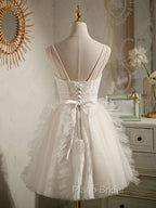 Cute Light Champagne Lace Tulle Short Formal Prom Dresses, Puffy Homecoming Dresses