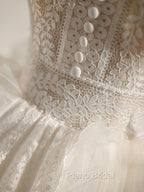 Cute Light Champagne Lace Tulle Short Formal Prom Dresses, Puffy Homecoming Dresses