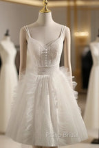 Cute Light Champagne Lace Tulle Short Formal Prom Dresses, Puffy Homecoming Dresses