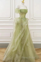 Cute Light Green A-Line Beaded Tulle Party Dresses, Light Green Long Formal Prom Dresses
