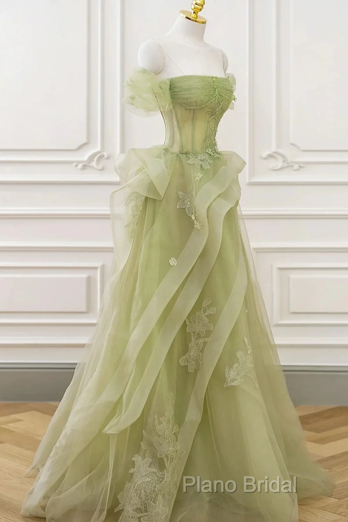 Cute Light Green A-Line Beaded Tulle Party Dresses, Light Green Long Formal Prom Dresses