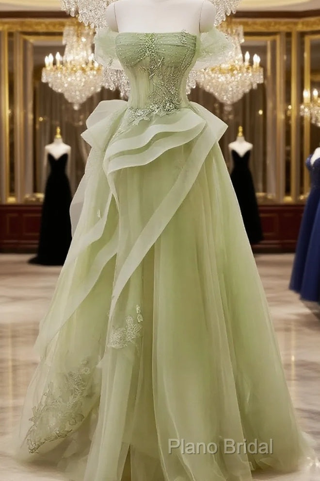 Cute Light Green A-Line Beaded Tulle Party Dresses, Light Green Long Formal Prom Dresses Main image