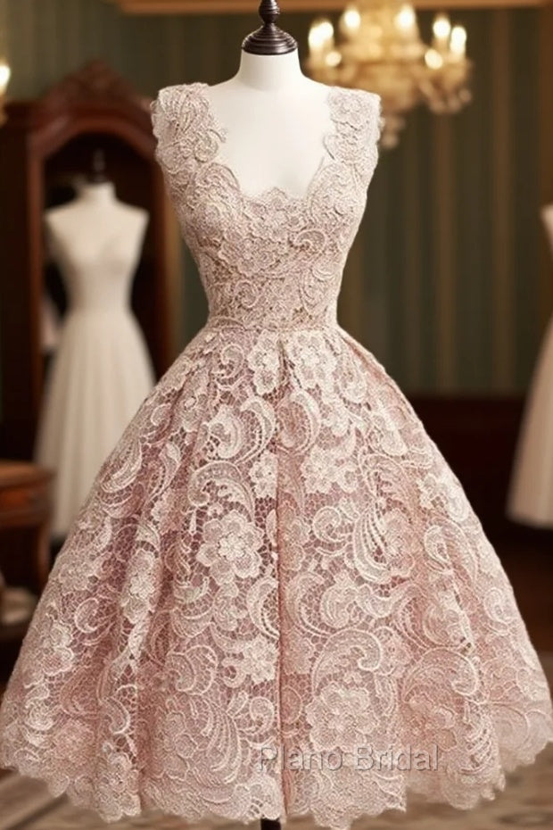 Cute Light Pink Lace Short Formal Prom Dresses, Lace Bridesmaid Dresses