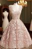 Cute Light Pink Lace Short Formal Prom Dresses, Lace Bridesmaid Dresses