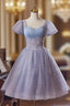 Cute Light Purple Short Sleeves Homecoming Dresses, Light Purple Party Dresses