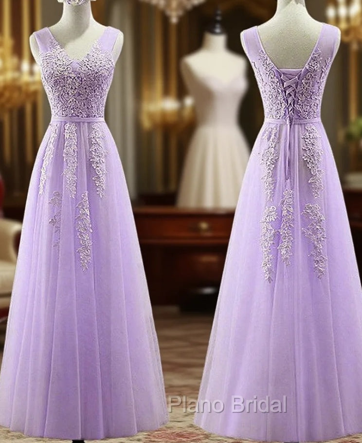 Cute Light Purple Tulle with Lace V-neckline Formal Prom Dresses, Long Evening Gown Formal Dresses
