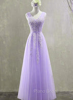 Cute Light Purple Tulle with Lace V-neckline Formal Prom Dresses, Long Evening Gown Formal Dresses