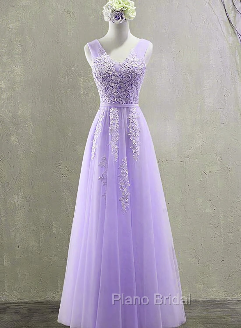 Cute Light Purple Tulle with Lace V-neckline Formal Prom Dresses, Long Evening Gown Formal Dresses Main image