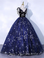 Cute Navy Blue Ball Gown V-Neckline Party Dresses, Navy Blue Sweet 16 Dresses