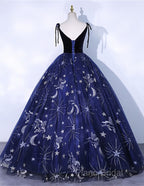 Cute Navy Blue Ball Gown V-Neckline Party Dresses, Navy Blue Sweet 16 Dresses