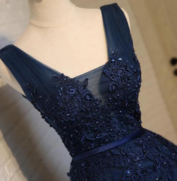 Cute Navy Blue Knee Length Lace Applique Party Dresses, Homecoming Dresses