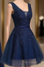 Cute Navy Blue Knee Length Lace Applique Party Dresses, Homecoming Dresses
