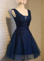 Cute Navy Blue Knee Length Lace Applique Party Dresses, Homecoming Dresses