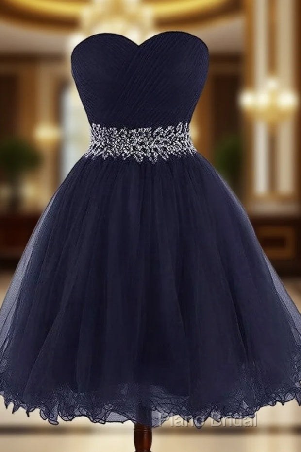 Cute Navy Blue Sweetheart Beaded Homecoming Dresses, Short Formal Prom Dresses Main image