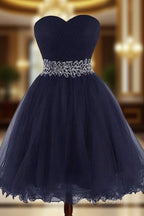 Cute Navy Blue Sweetheart Beaded Homecoming Dresses, Short Formal Prom Dresses