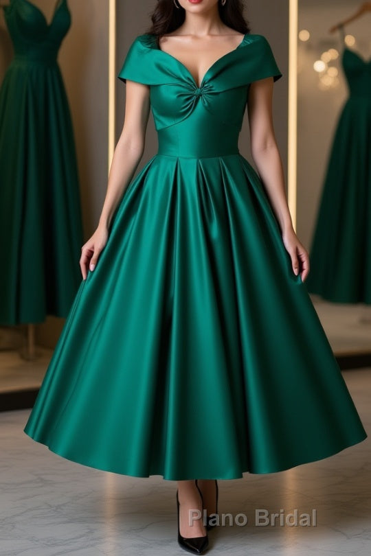 Cute Off Shoulder Green Satin Short Formal Prom Dresses, Off the Shoulder Green Homecoming Dresses, Green Formal Evening Dresses Main image