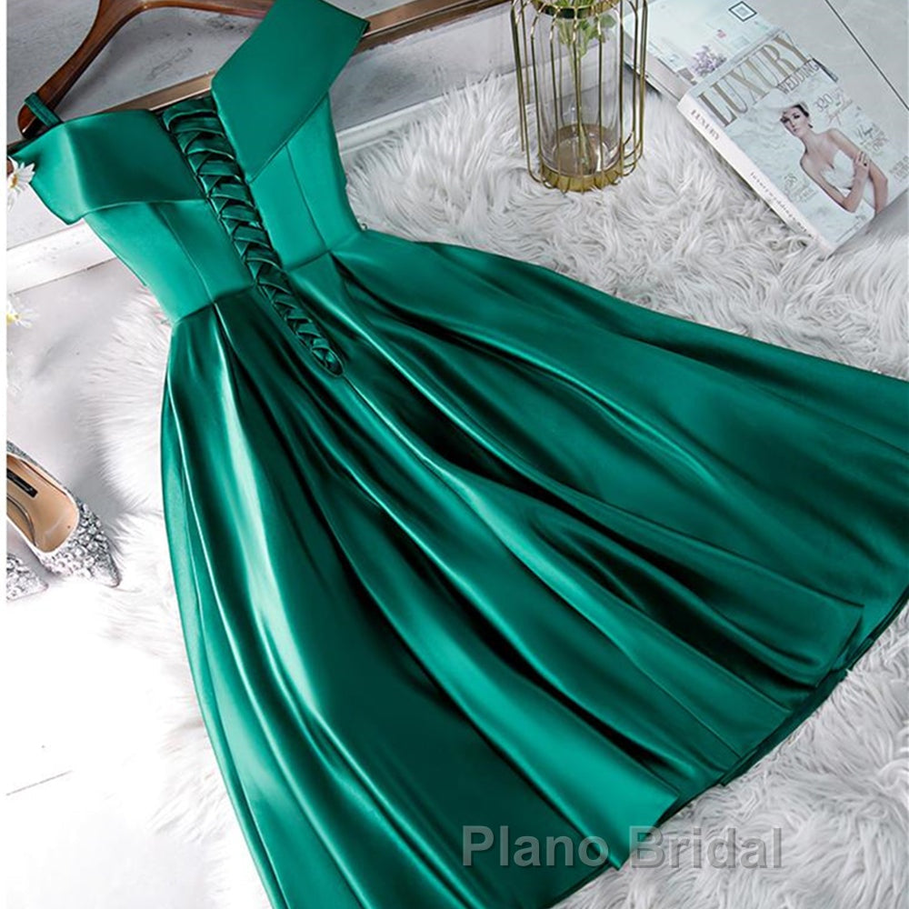 Cute Off Shoulder Green Satin Short Formal Prom Dresses, Off the Shoulder Green Homecoming Dresses, Green Formal Evening Dresses Secondary image