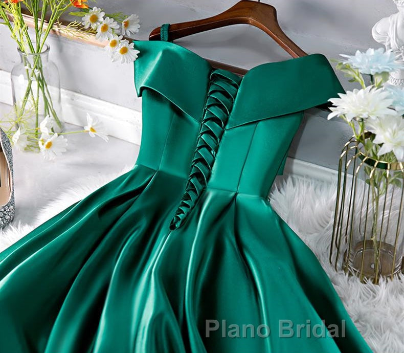 Cute Off Shoulder Green Satin Short Formal Prom Dresses, Off the Shoulder Green Homecoming Dresses, Green Formal Evening Dresses
