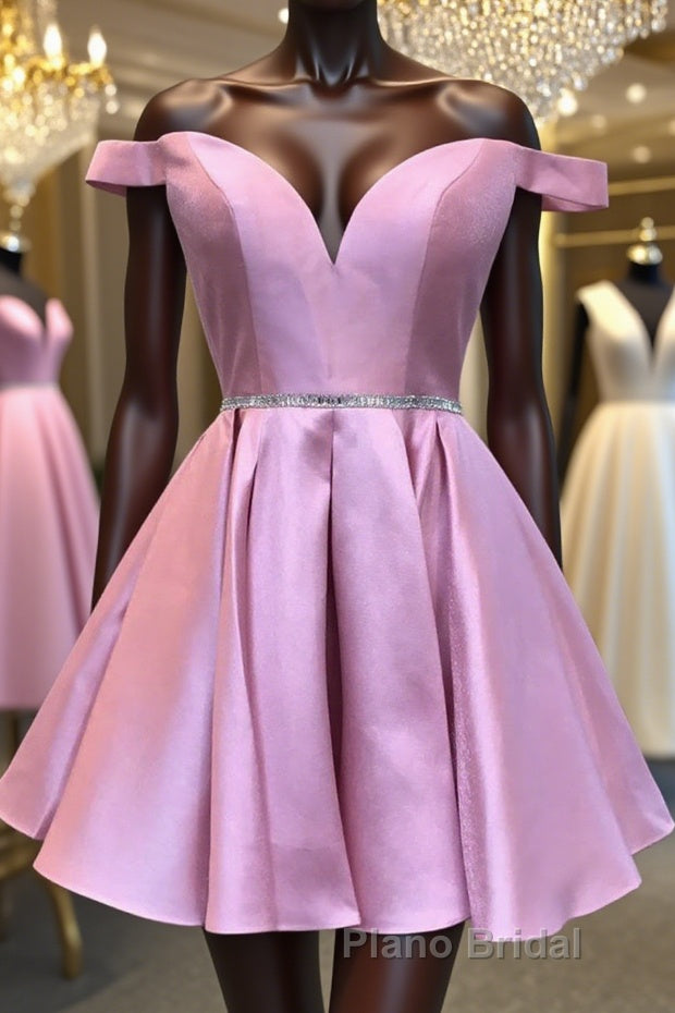 Cute Off Shoulder Pink Satin Short Formal Prom Dresses, Off the Shoulder Pink Homecoming Dresses, Pink Formal Graduation Evening Dresses Main image